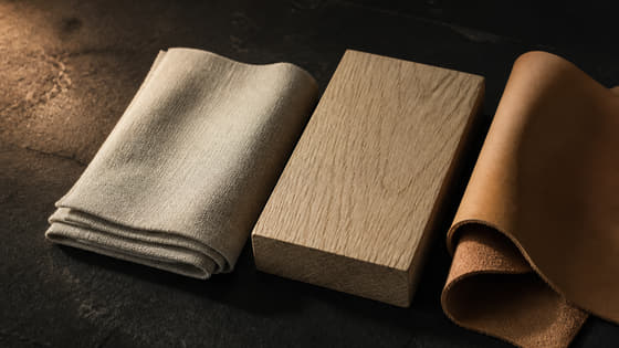 Lin, bois et cuir posés côte à côte sur une surface sombre.