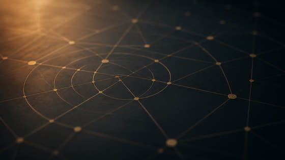 Réseau de points et de lignes dorées convergeant vers une source de lumière.