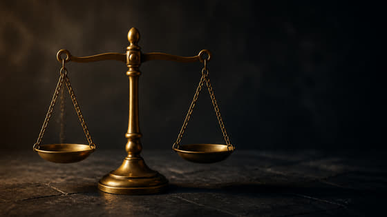 Balance en laiton en équilibre sur une pierre sombre.