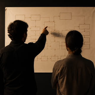 Two people in front of a hand-drawn organisation chart.