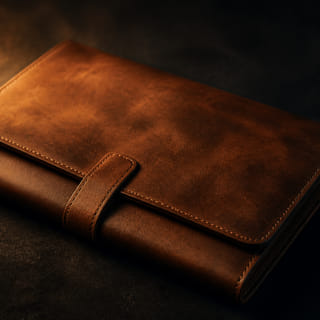 A patinated leather case resting on dark stone.