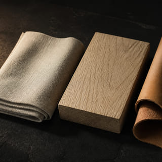 Linen, wood and leather laid side by side on a dark surface.