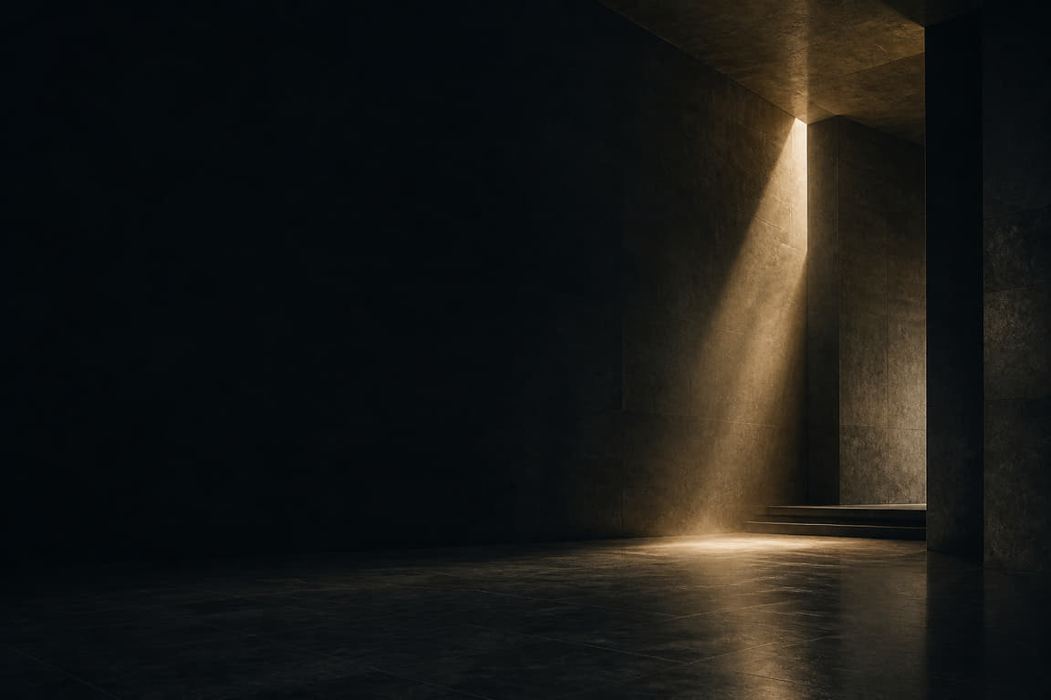 Rayon de lumière dans une salle de pierre sombre.