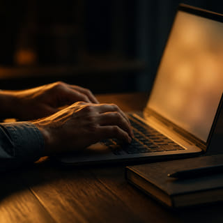 Hands on a laptop keyboard in a dimly lit room.