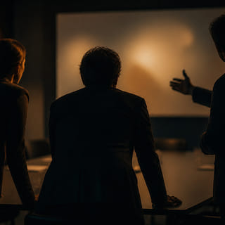 Three people in silhouette in front of a presentation screen.