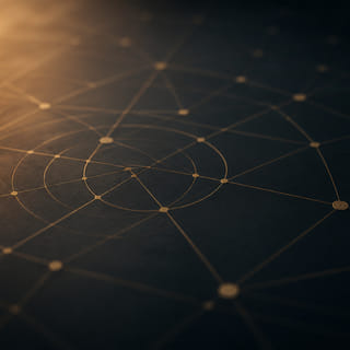A network of golden points and lines converging on a source of light.
