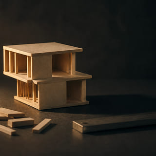 An unfinished architectural model in pale wood.