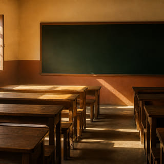 Salle de classe vide éclairée par la fenêtre, tableau noir au mur.