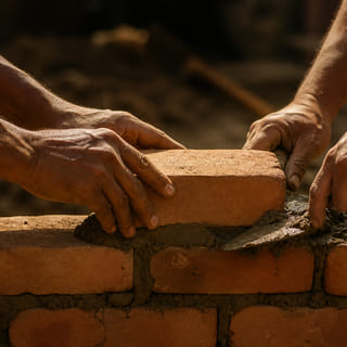 Mains posant une brique sur un mur en construction.