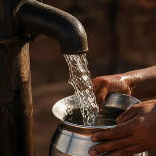 Mains recueillant l’eau d’une pompe manuelle dans un récipient de métal.